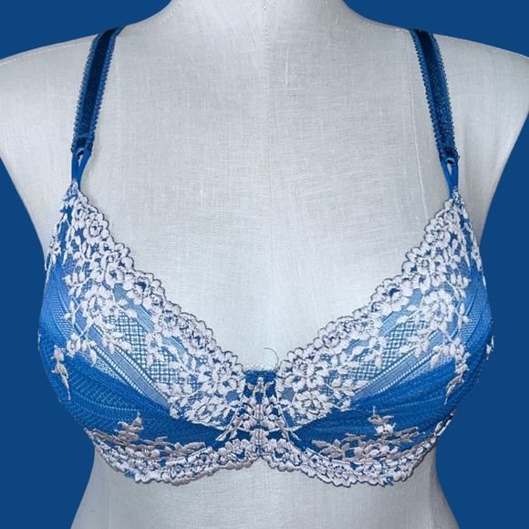 Plus Size Wacoal Blue/White Lace Non Molded Cup Bra Size 38C - Picture 1 of 5